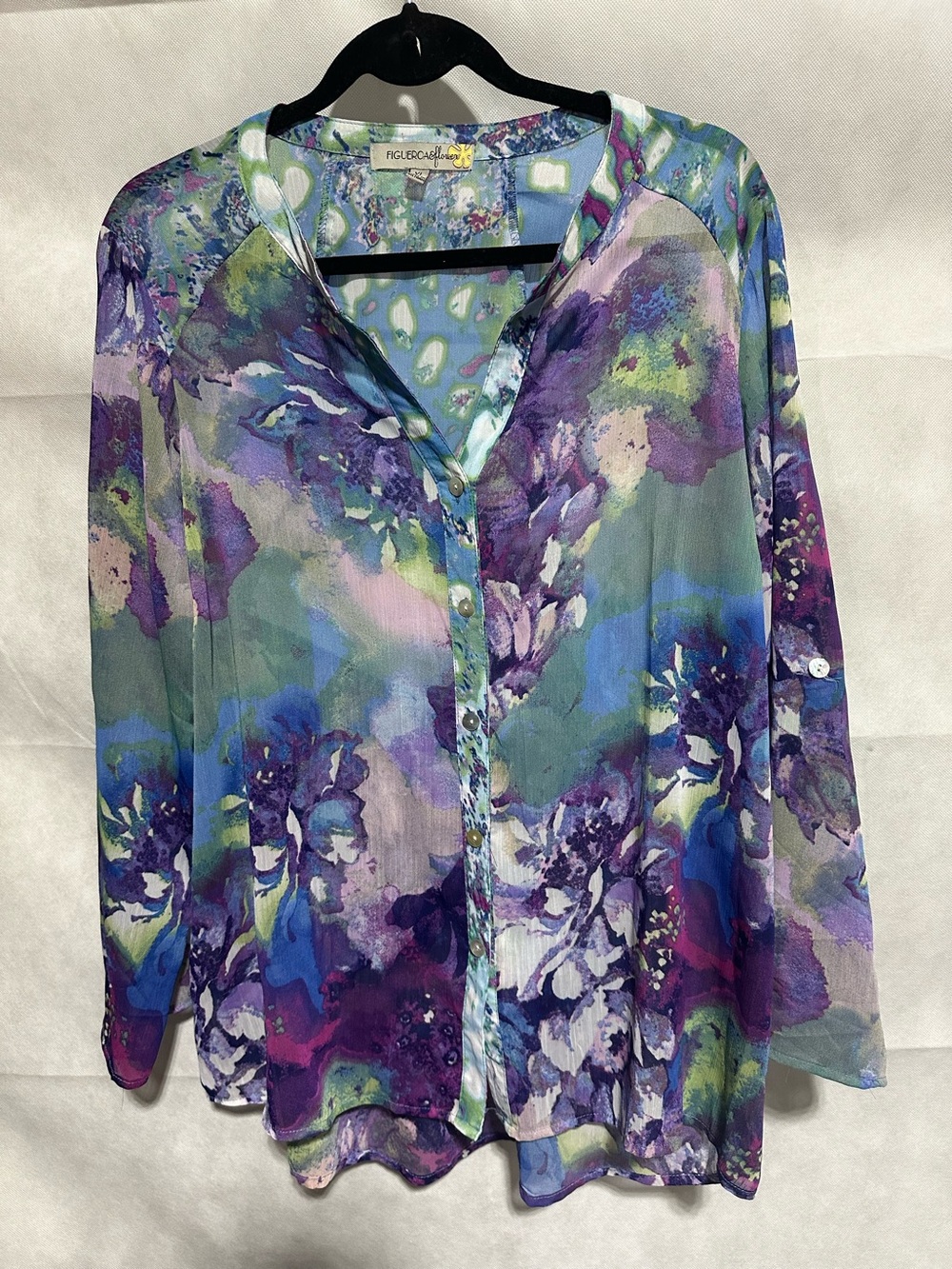 Anthropologie Fig & Flower Colorful Floral Semi Sheer Shirt Womens XL Roll Tab